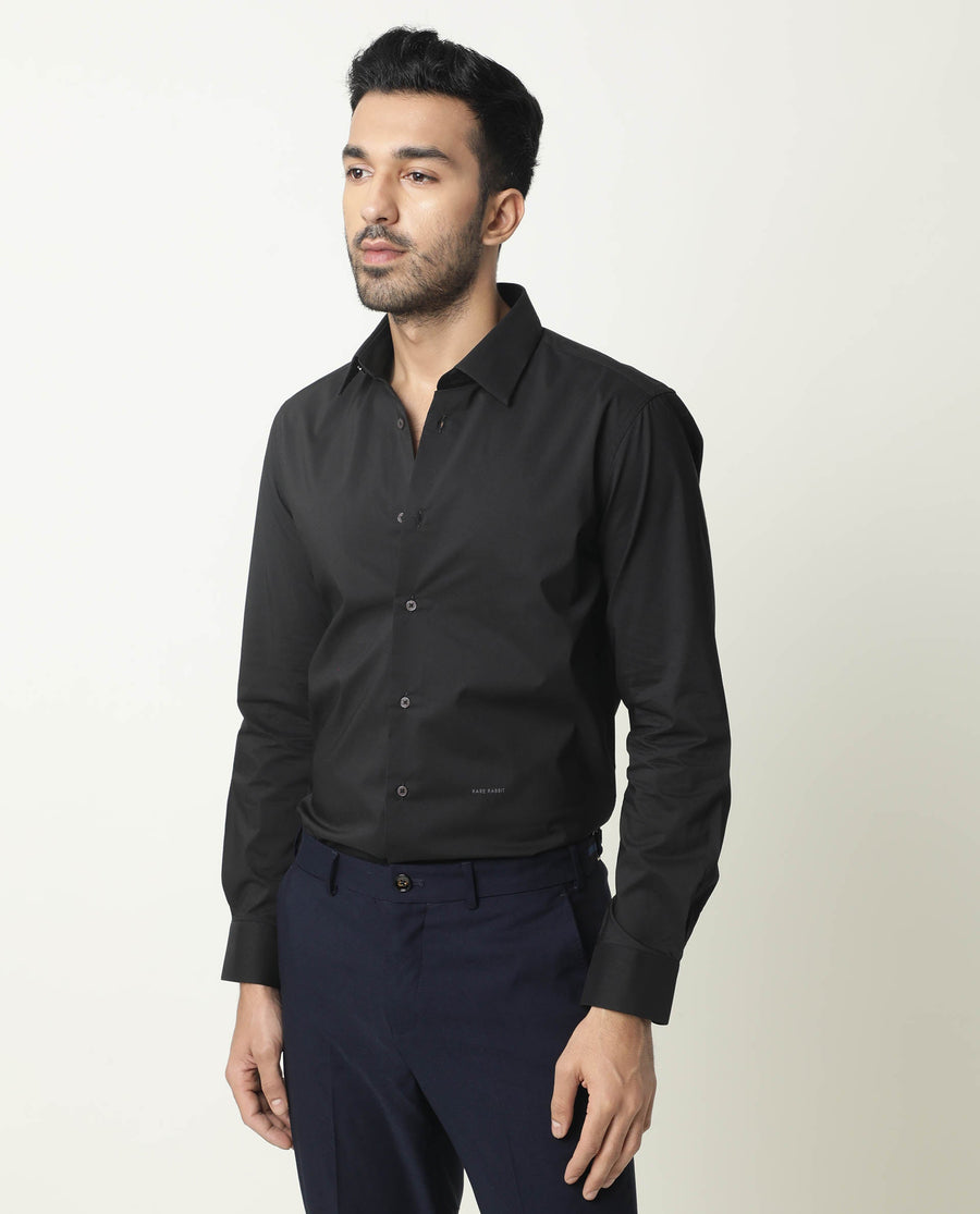 Rare Rabbit Men's Neutro Ls Black Polyester Plain Regular Fit Full Sleeve Collared Shirt