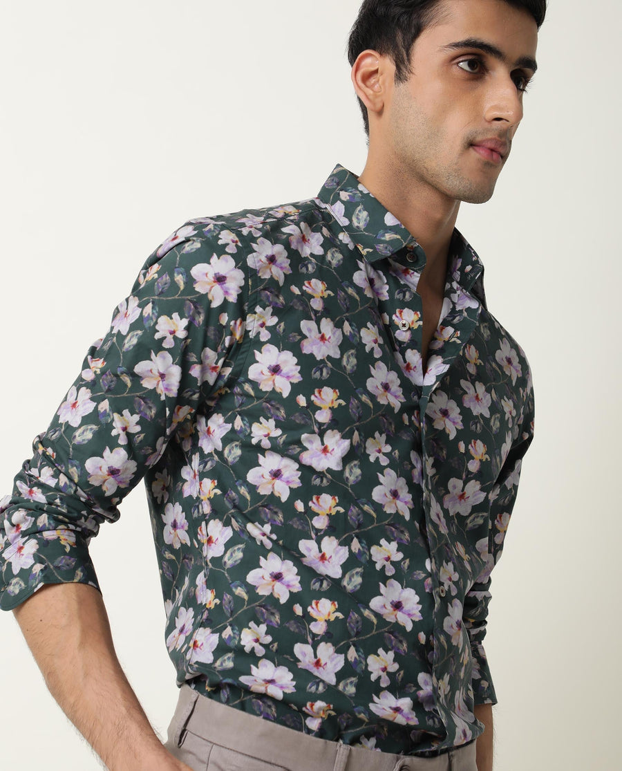 Rare Rabbit Men's Paintt Green Cotton Floral Print Regular Fit Full Sleeve Collared Shirt