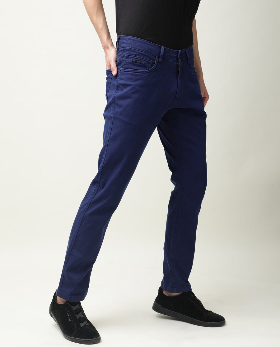 Rare Rabbit Men's Fiv5 Blue Cotton Plain Slim Fit Trouser