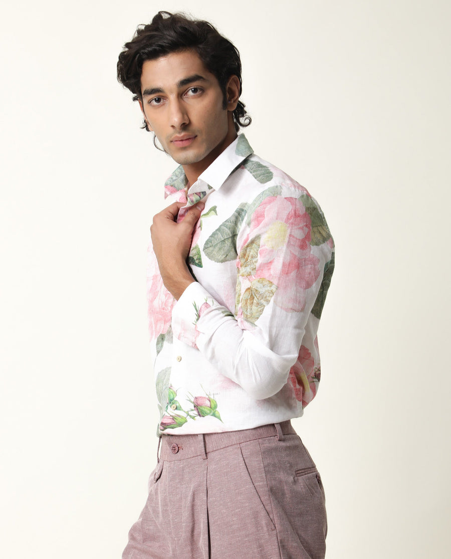 Rare Rabbit Men's Sloven White Cotton Floral Print Regular Fit Full Sleeve Collared Shirt