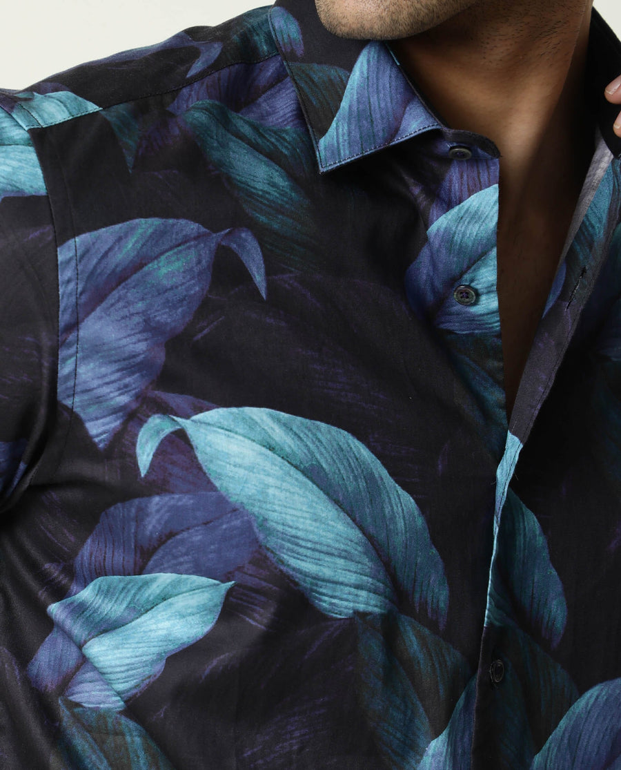 Rare Rabbit Men's Grower Navy Viscose Tropical Print Regular Fit Half Sleeve Spread Collar Shirt