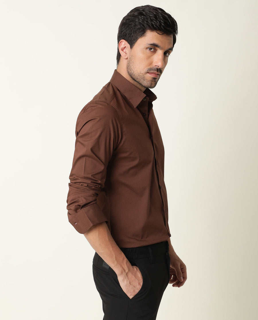 Rare Rabbit Men's Benedict Brown Cotton Plain Regular Fit Full Sleeve Collared Shirt