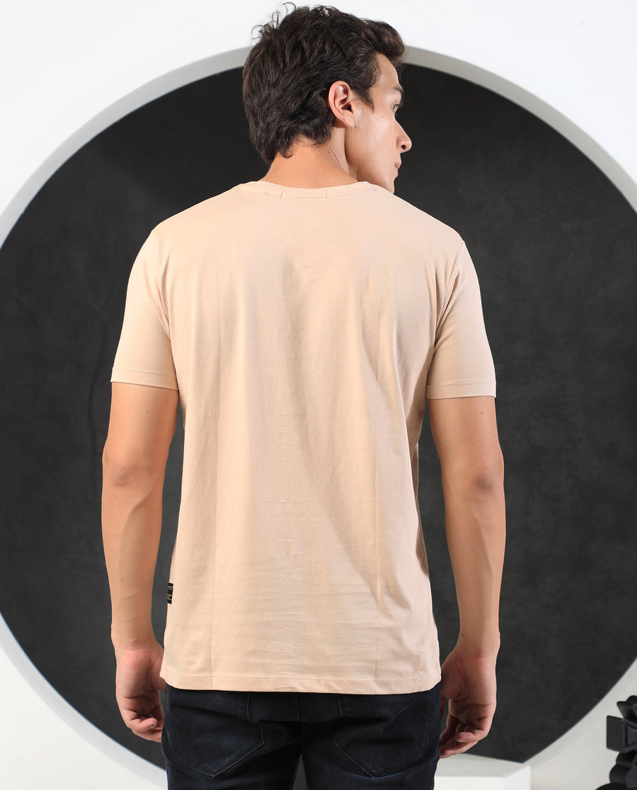 Rare Rabbit Men's Glam Beige Cotton Graphic Print Slim Fit Half Sleeve Crew Neck T-Shirt
