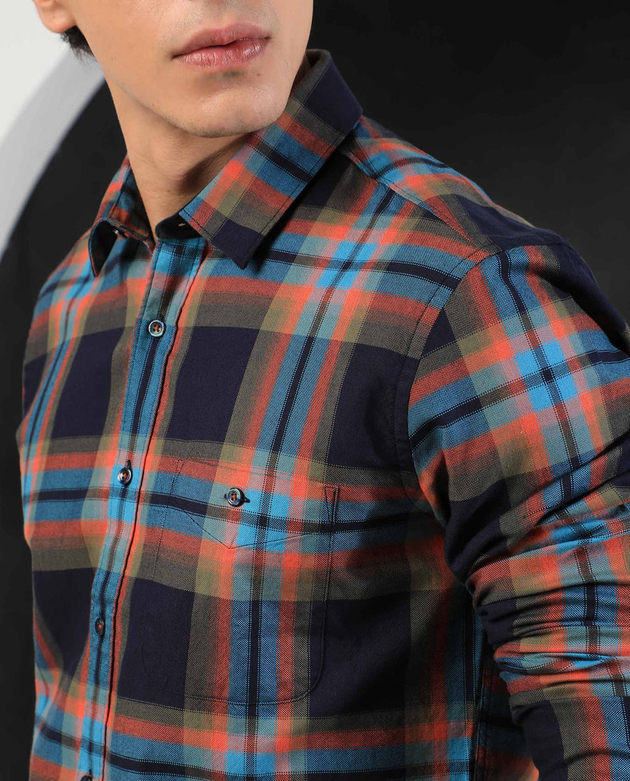 Rare Rabbit Men's Daneil Navy Cotton Checked Print Regular Fit Full Sleeve Collared Shirt