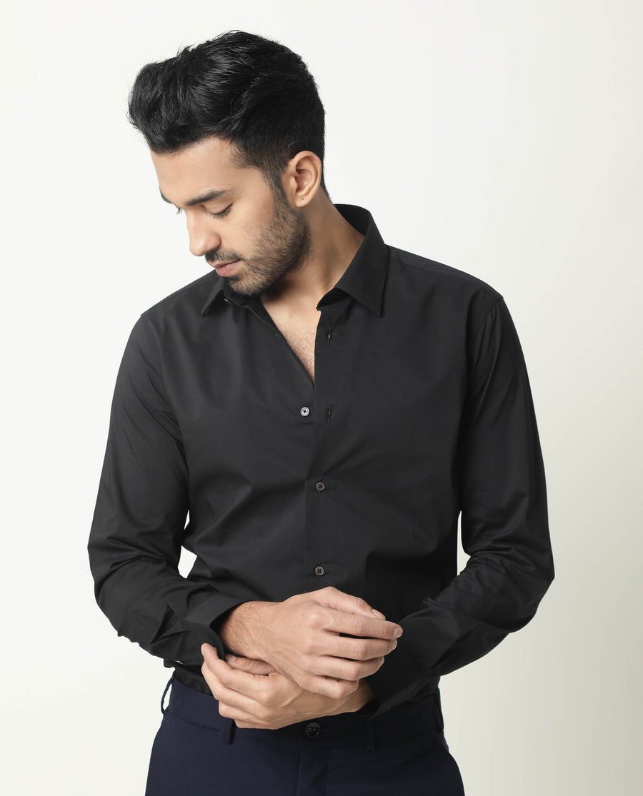 Rare Rabbit Men's Neutro Ls Black Polyester Plain Regular Fit Full Sleeve Collared Shirt