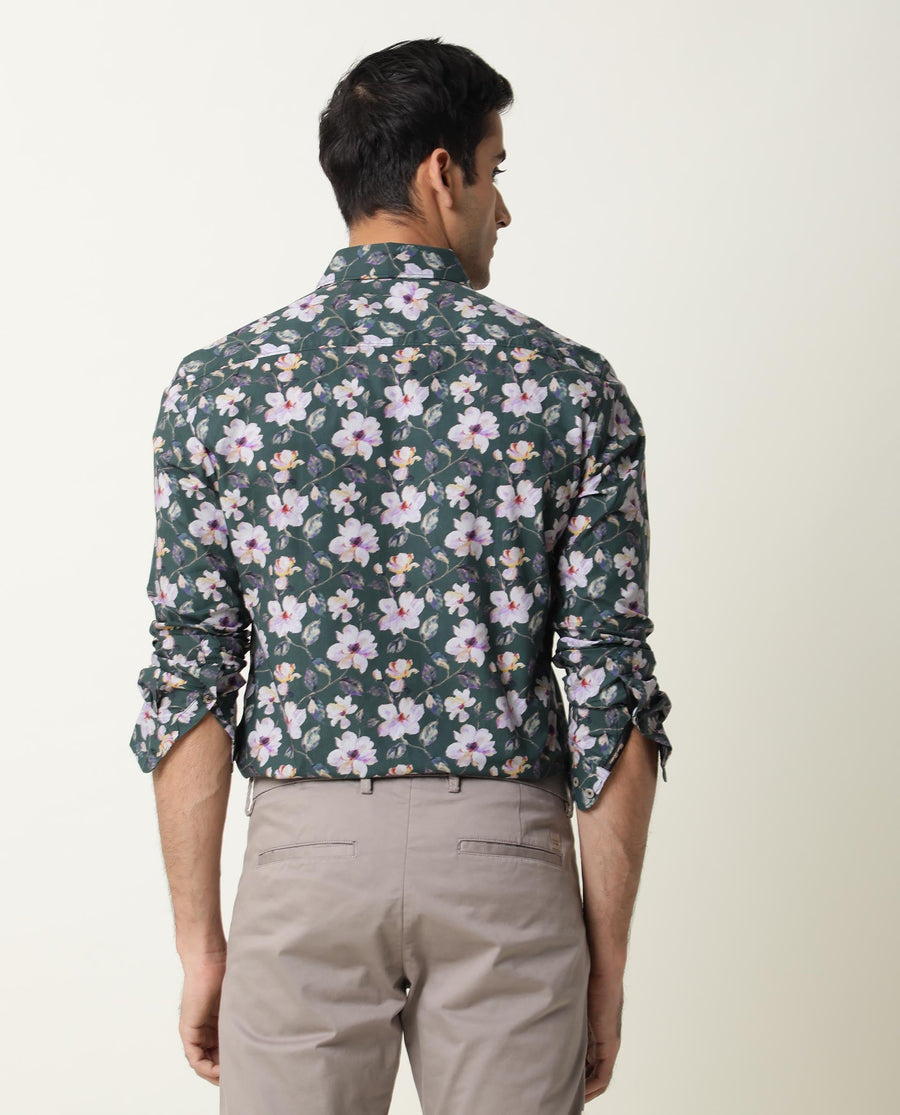 Rare Rabbit Men's Paintt Green Cotton Floral Print Regular Fit Full Sleeve Collared Shirt