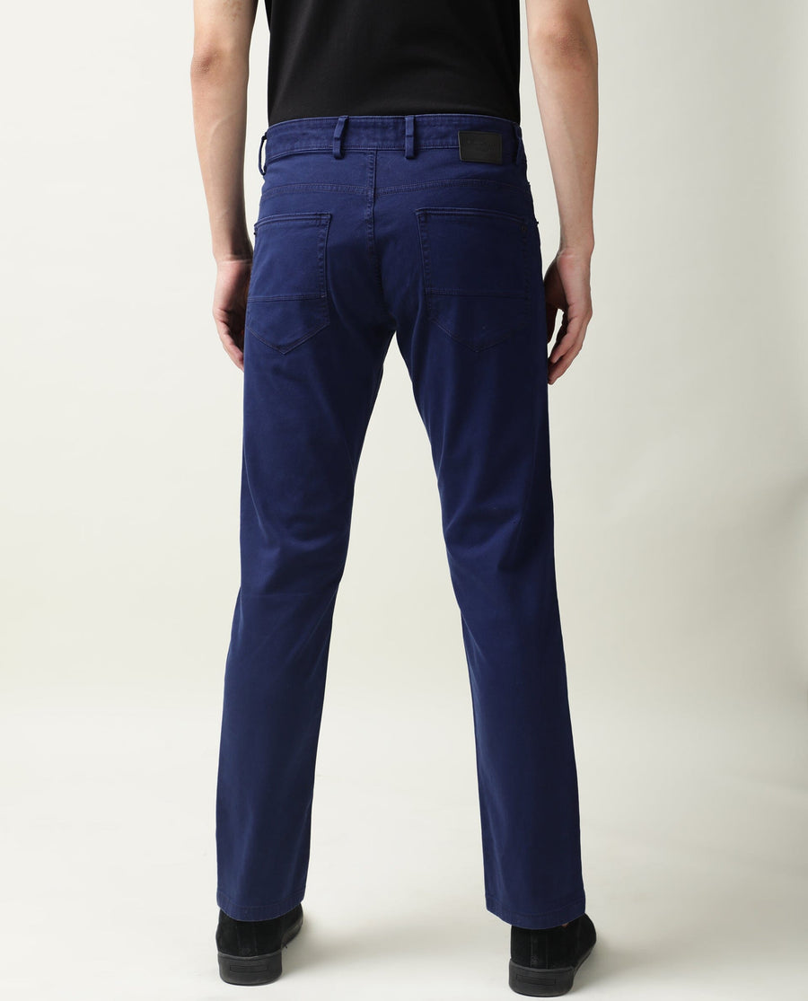 Rare Rabbit Men's Fiv5 Blue Cotton Plain Slim Fit Trouser