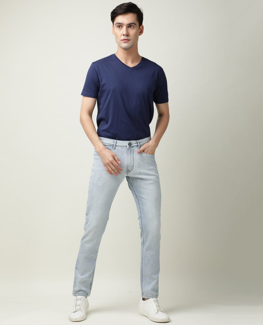 Rare Rabbit Men's Dallas Blue Cotton Plain Hawk Slim Fit Jeans