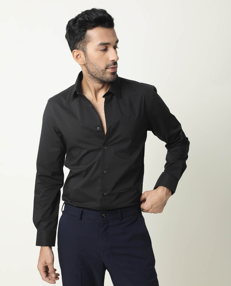 Rare Rabbit Men's Neutro Ls Black Polyester Plain Regular Fit Full Sleeve Collared Shirt