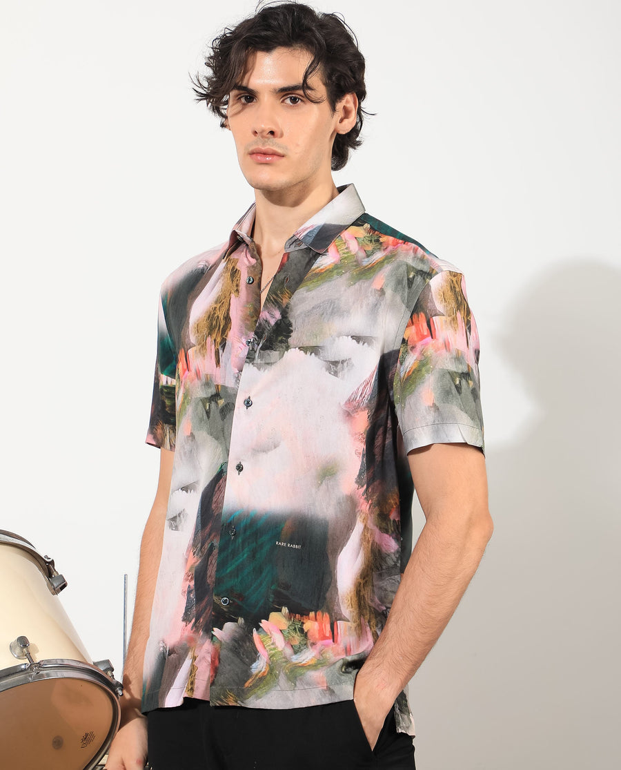 Rare Rabbit Men's Painter Green Viscose Abstract Print Regular Fit Half Sleeve Collared Shirt