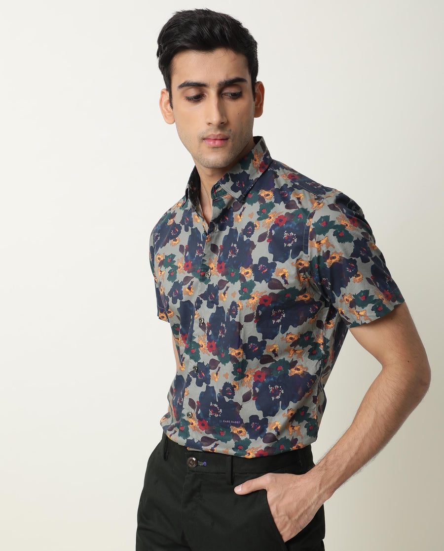 Rare Rabbit Men's Vishh Green Cotton Floral Print Regular Fit Half Sleeve Collared Shirt