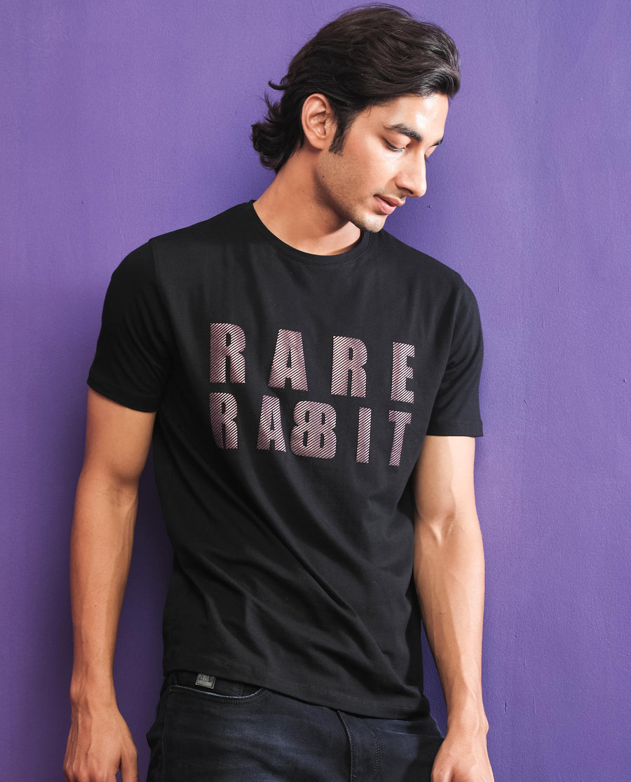 Rare Rabbit Men's Electricc Black Cotton Graphic Print Slim Fit Half Sleeve Crew Neck T-Shirt