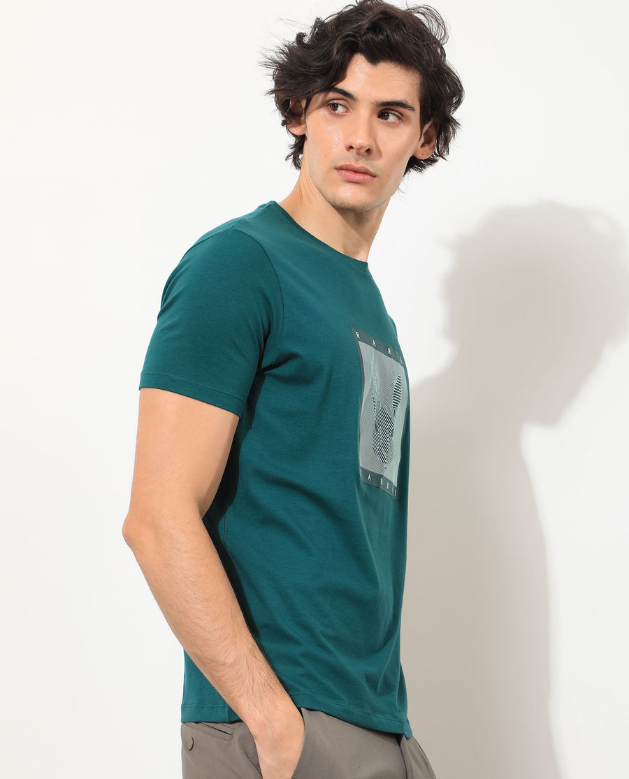 Rare Rabbit Men's Princeton Green Cotton Graphic Print Slim Fit Half Sleeve Crew Neck T-Shirt