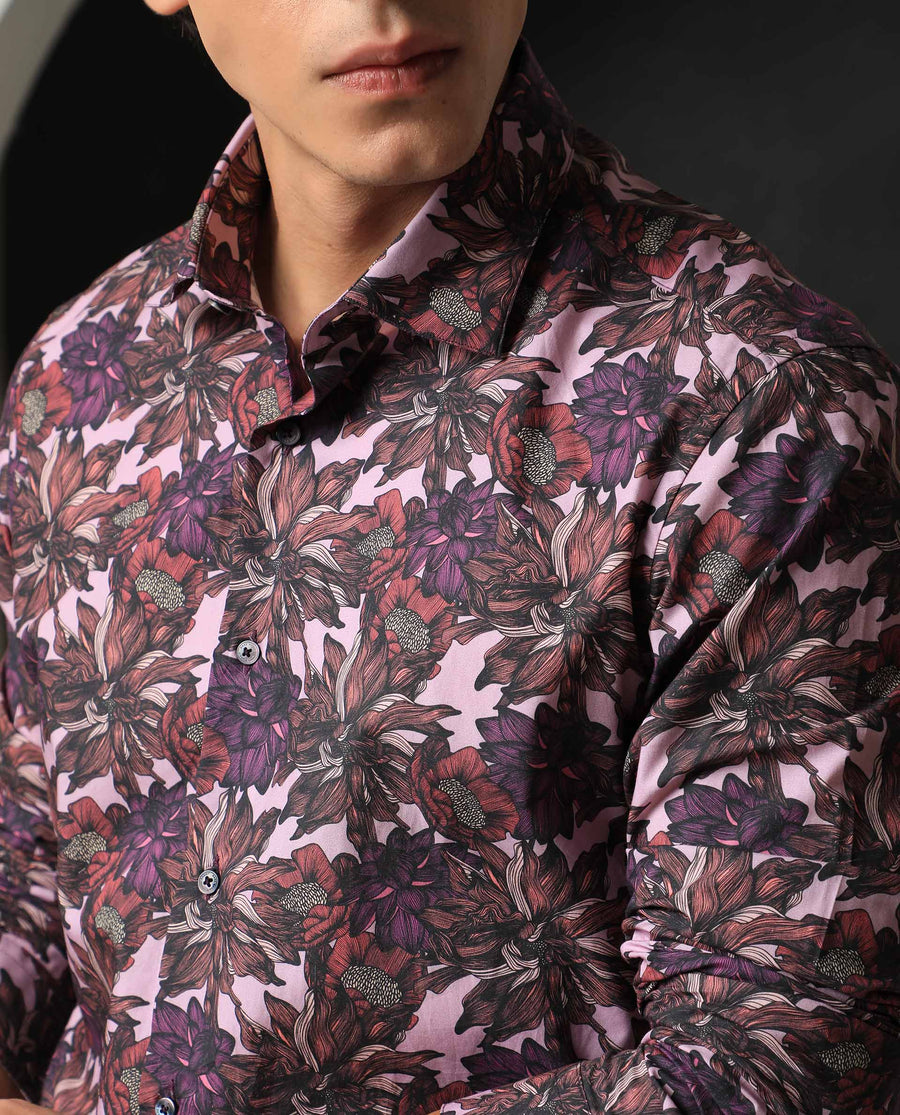 Rare Rabbit Men's Ezee Purple Cotton Floral Print Regular Fit Full Sleeve Collared Shirt