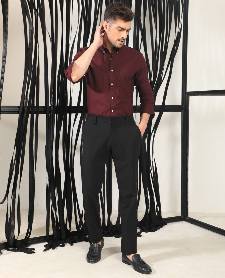 Rare Rabbit Men's Auxfo Maroon Cotton Plain Regular Fit Full Sleeve Button-Down Collar Shirt
