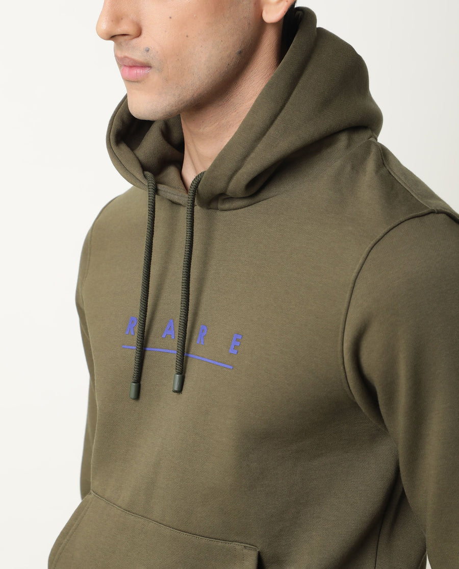 Rare Rabbit Men's Omi Olive Cotton Graphic Print Relaxed Fit Full Sleeve Hooded Sweatshirt