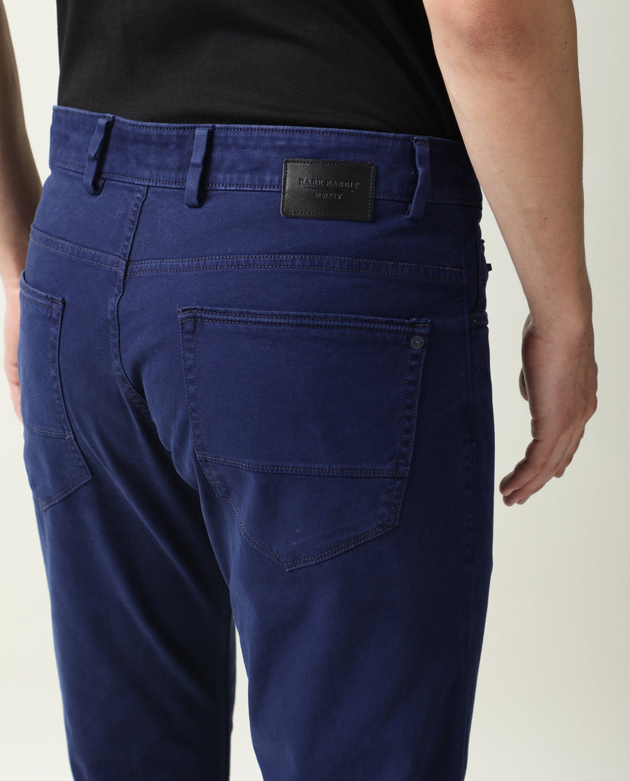 Rare Rabbit Men's Fiv5 Blue Cotton Plain Slim Fit Trouser