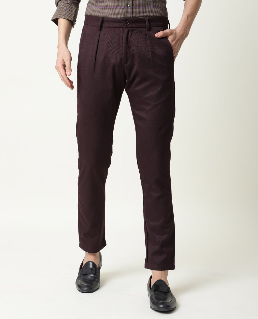 Rare Rabbit Men's Edit Maroon Polyester Plain Slim Fit Trouser