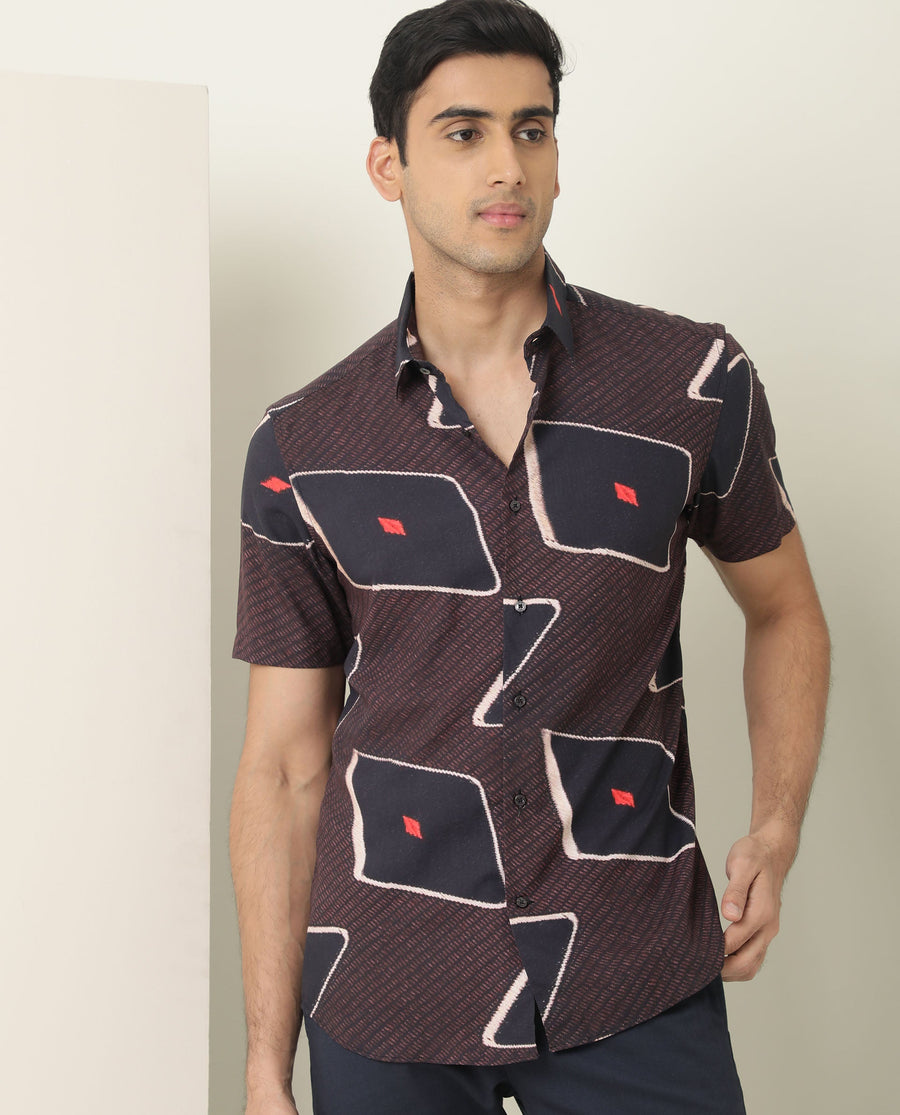 Rare Rabbit Men's Nistic Brown Viscose Geometric Print Regular Fit Half Sleeve Collared Shirt