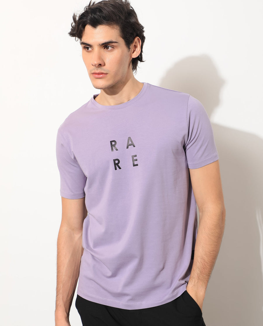 Rare Rabbit Men's Lalyy Purple Cotton Graphic Print Slim Fit Half Sleeve Crew Neck T-Shirt