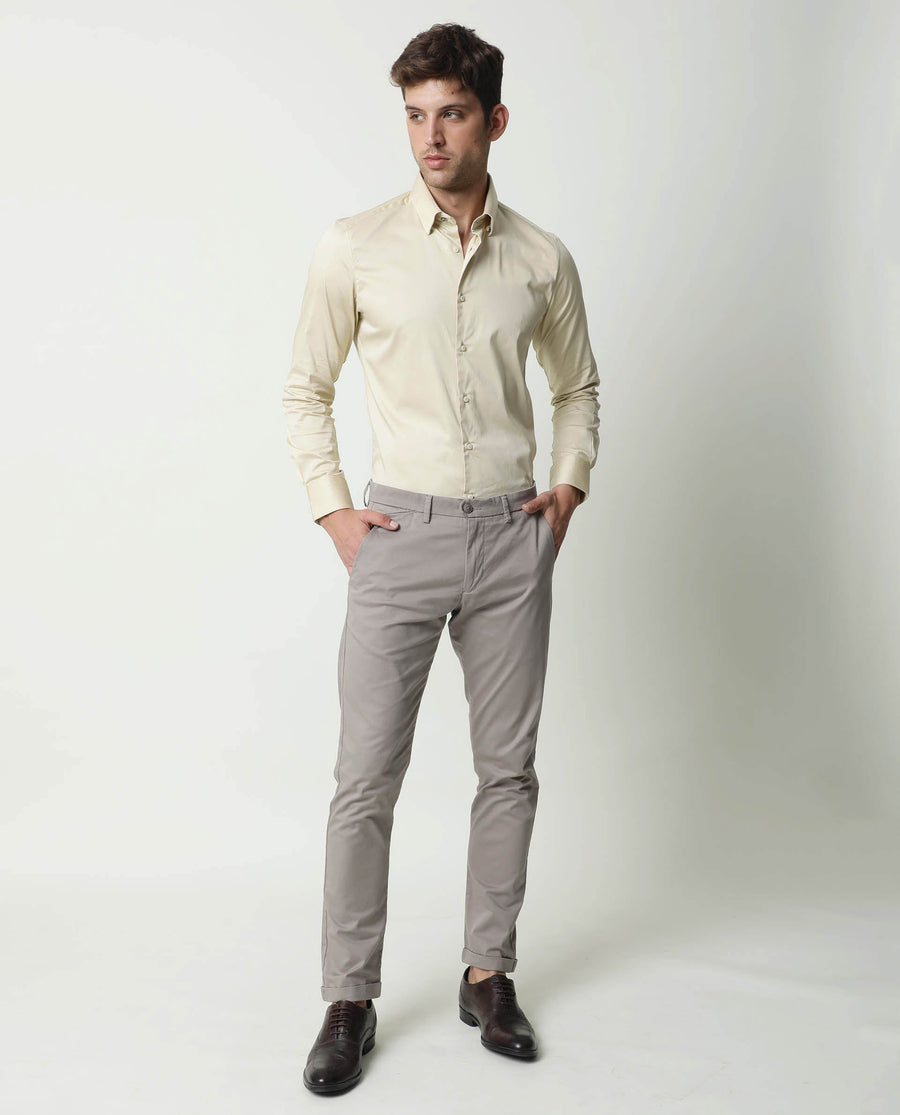 Rare Rabbit Men's Como Beige Satin Plain Regular Fit Full Sleeve Collared Shirt
