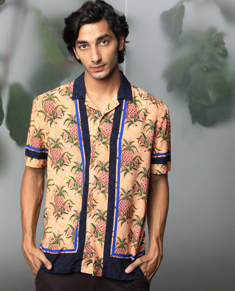 Rare Rabbit Men's Banes Beige Viscose Floral Print Regular Fit Half Sleeve Cuban Collar Shirt