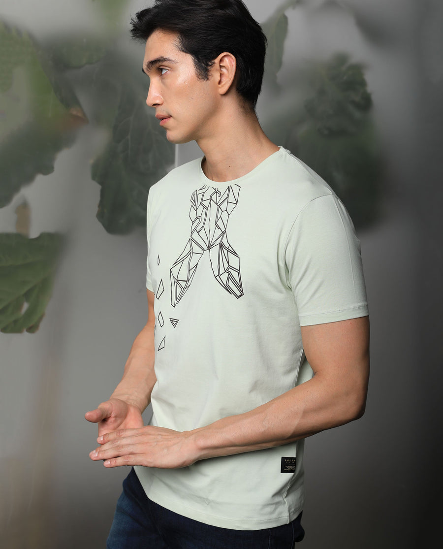 Rare Rabbit Men's Loginn Olive Cotton Graphic Print Slim Fit Half Sleeve Crew Neck T-Shirt