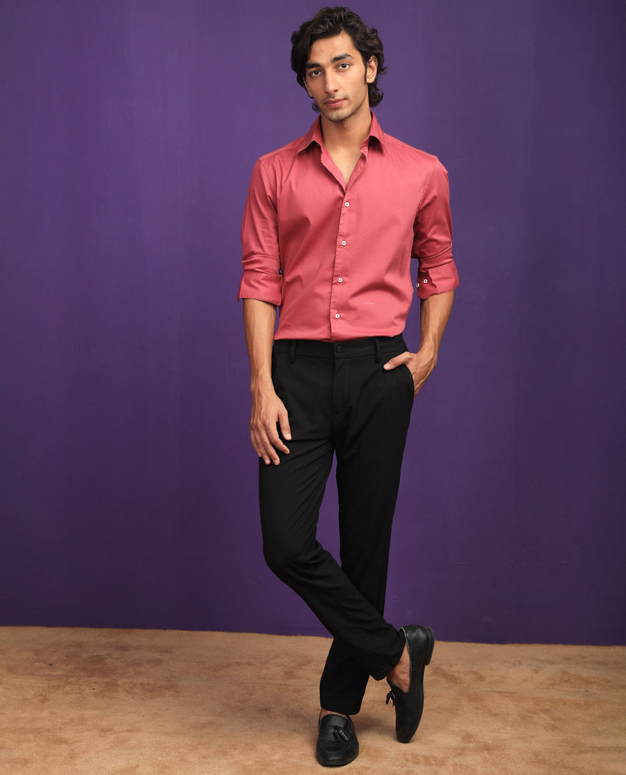 Rare Rabbit Men's Molde Dark Pink Cotton Plain Regular Fit Full Sleeve Collared Shirt