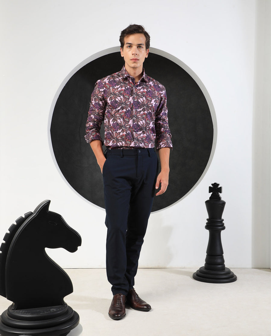 Rare Rabbit Men's Ezee Purple Cotton Floral Print Regular Fit Full Sleeve Collared Shirt