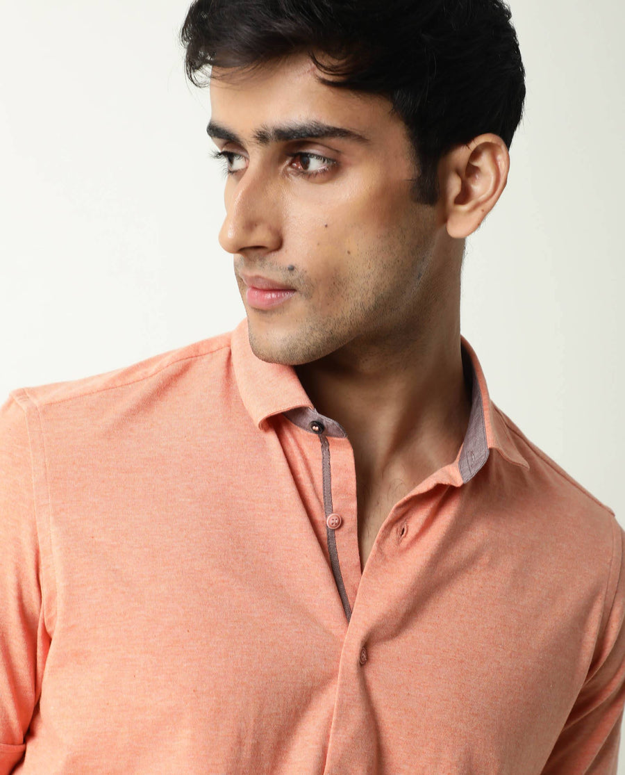 Rare Rabbit Men's Miraj Orange Cotton Plain Regular Fit Half Sleeve Collared Shirt