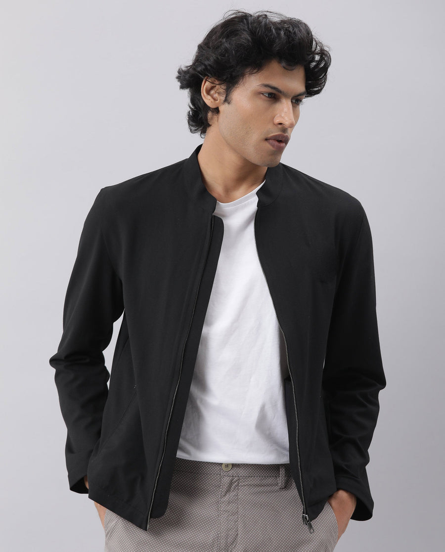 Rare Rabbit Men's Sign-2 Black Polyester Plain Slim Fit Full Sleeve High Neck Jacket
