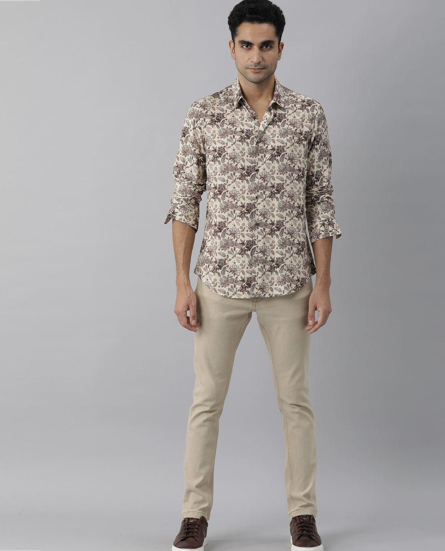Rare Rabbit Men's Ravell Beige Viscose Floral Print Regular Fit Full Sleeve Collared Shirt
