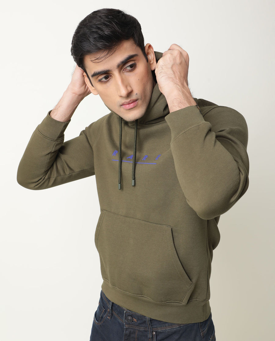 Rare Rabbit Men's Omi Olive Cotton Graphic Print Relaxed Fit Full Sleeve Hooded Sweatshirt