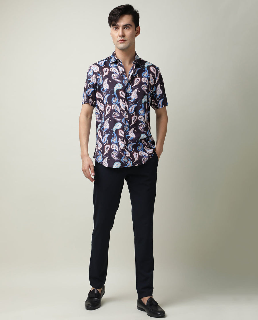 Rare Rabbit Men's Ivy Ss Navy Viscose Paisley Print Regular Fit Half Sleeve Collared Shirt