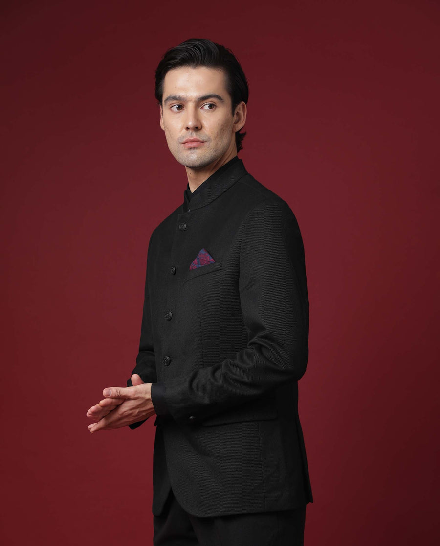 Rare Rabbit Men's Edit Band Black Polyester Plain Tailored Fit Full Sleeve Mandarin Collar Bandhgala Jodhpuri