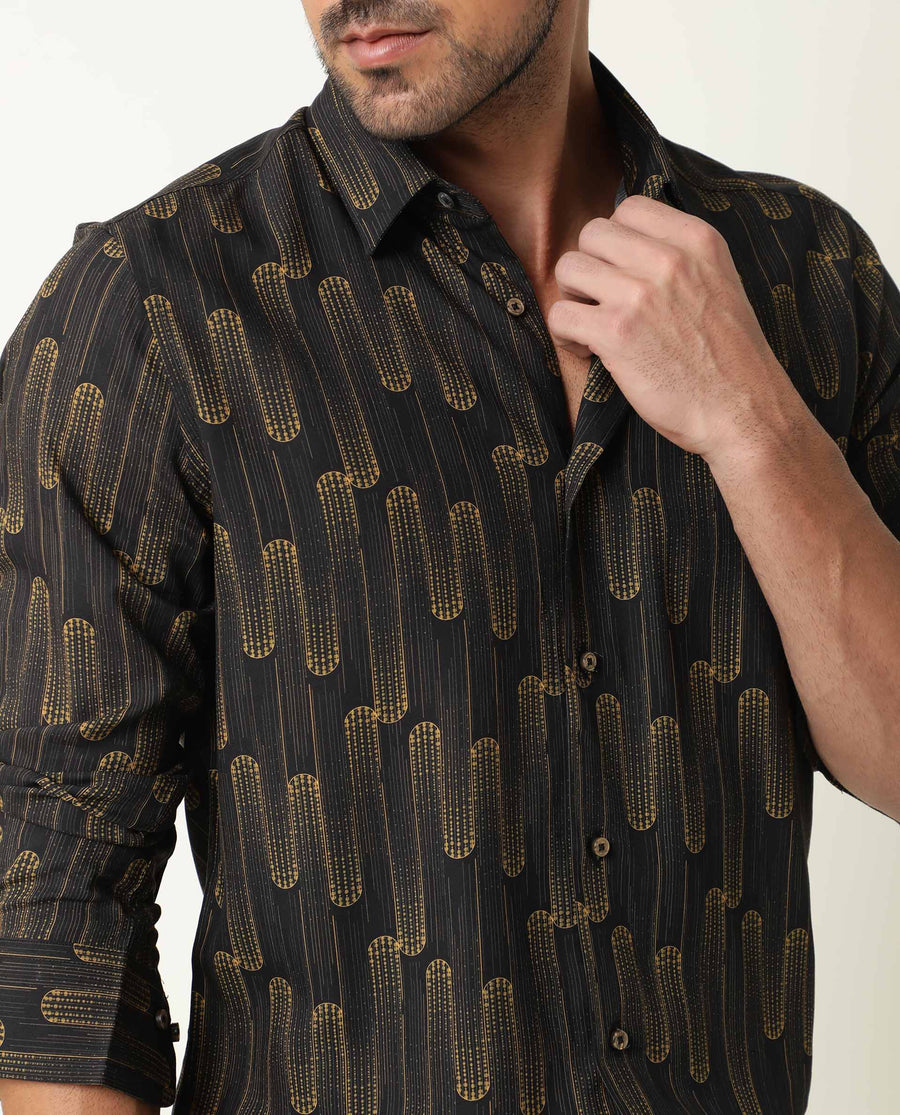 Rare Rabbit Men's Marshey Black Cotton Abstract Print Regular Fit Full Sleeve Collared Shirt