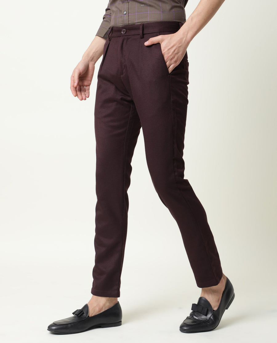 Rare Rabbit Men's Edit Maroon Polyester Plain Slim Fit Trouser