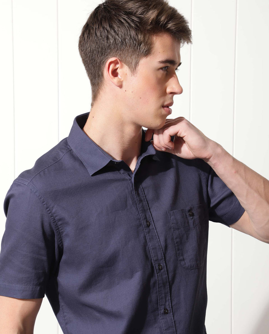 Rare Rabbit Men's Affle Dark Purple Cotton Plain Tailored Fit Half Sleeve Collared Shirt