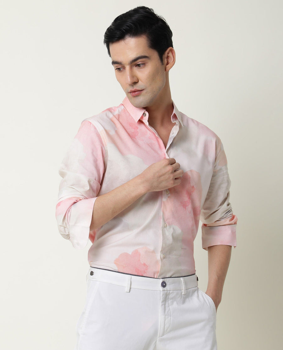 Rare Rabbit Men's Fife Pink Viscose Abstract Print Regular Fit Full Sleeve Collared Shirt