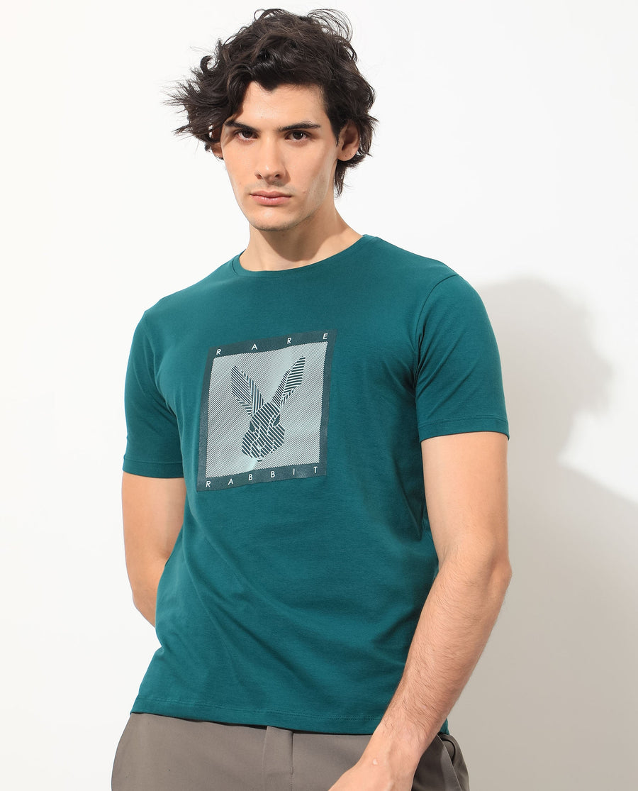 Rare Rabbit Men's Princeton Green Cotton Graphic Print Slim Fit Half Sleeve Crew Neck T-Shirt