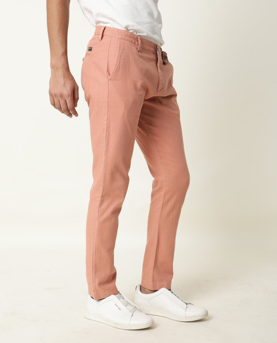 Rare Rabbit Men's Corn Pink Cotton Plain Regular Fit Trouser
