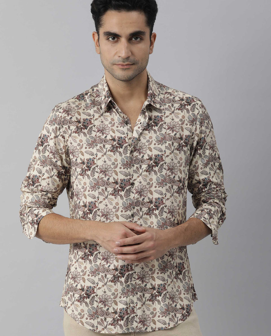 Rare Rabbit Men's Ravell Beige Viscose Floral Print Regular Fit Full Sleeve Collared Shirt