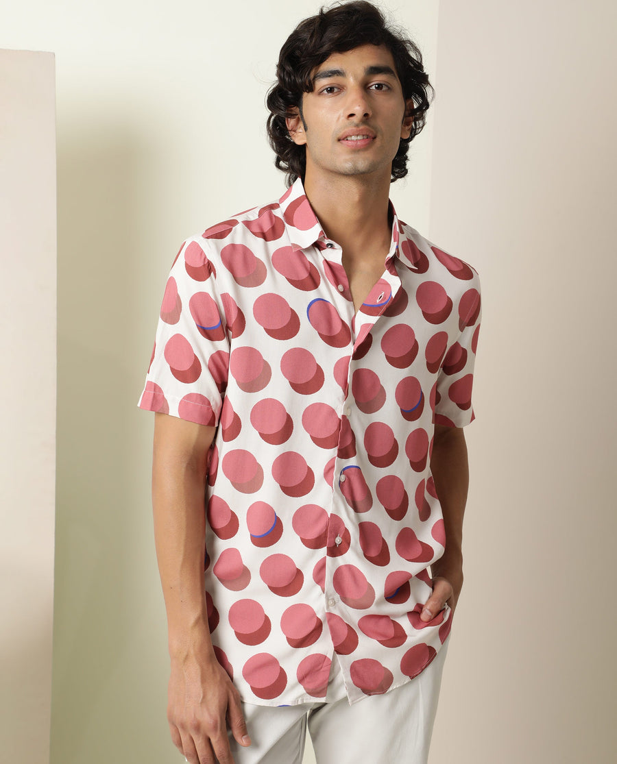 Rare Rabbit Men's Sandet Off White Viscose Polka Print Regular Fit Half Sleeve Collared Shirt