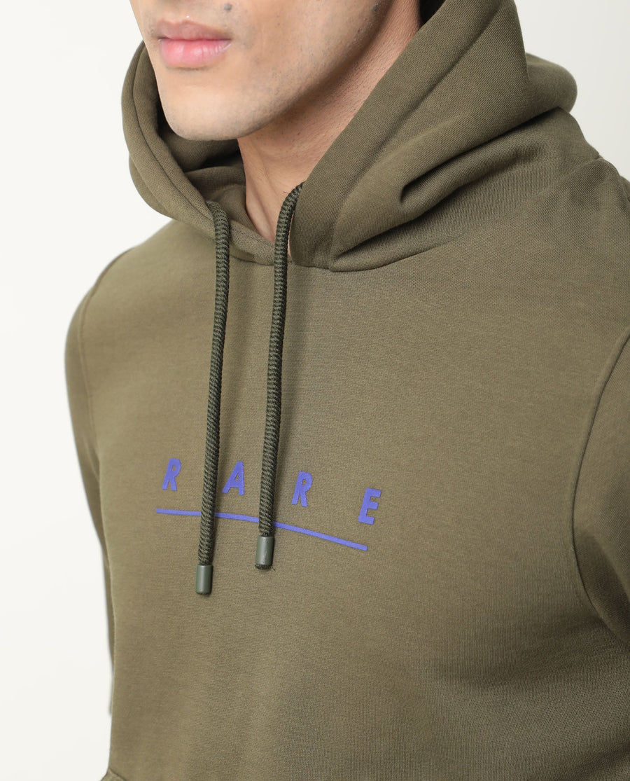 Rare Rabbit Men's Omi Olive Cotton Graphic Print Relaxed Fit Full Sleeve Hooded Sweatshirt
