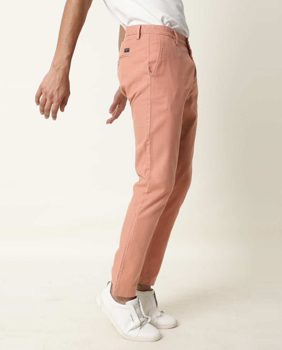 Rare Rabbit Men's Corn Pink Cotton Plain Regular Fit Trouser