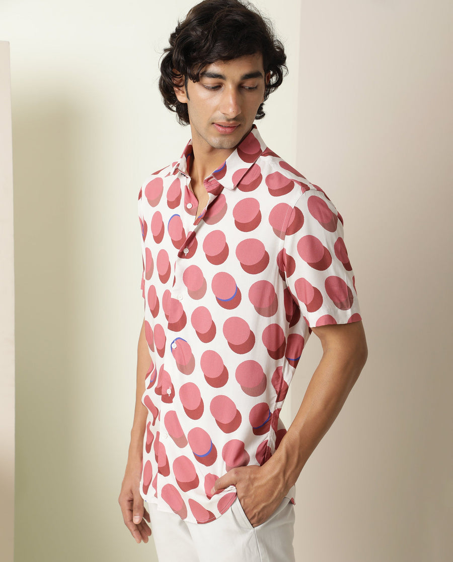 Rare Rabbit Men's Sandet Off White Viscose Polka Print Regular Fit Half Sleeve Collared Shirt