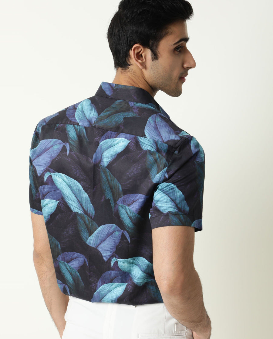 Rare Rabbit Men's Grower Navy Viscose Tropical Print Regular Fit Half Sleeve Spread Collar Shirt