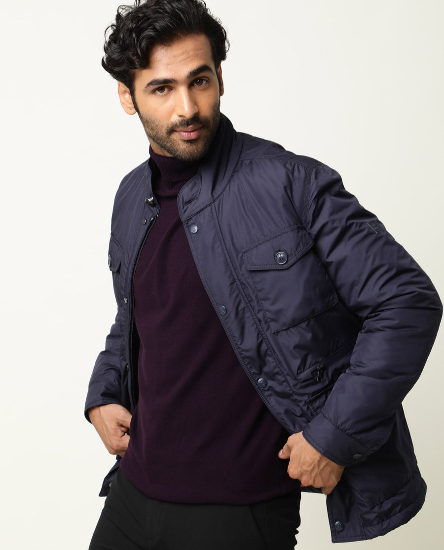 Rare Rabbit Men's Mass Navy Polyester Plain Relaxed Fit Full Sleeve Mandarin Collar Jacket