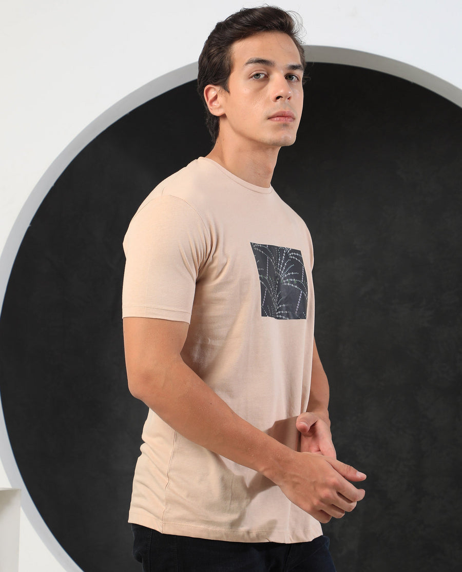Rare Rabbit Men's Glam Beige Cotton Graphic Print Slim Fit Half Sleeve Crew Neck T-Shirt