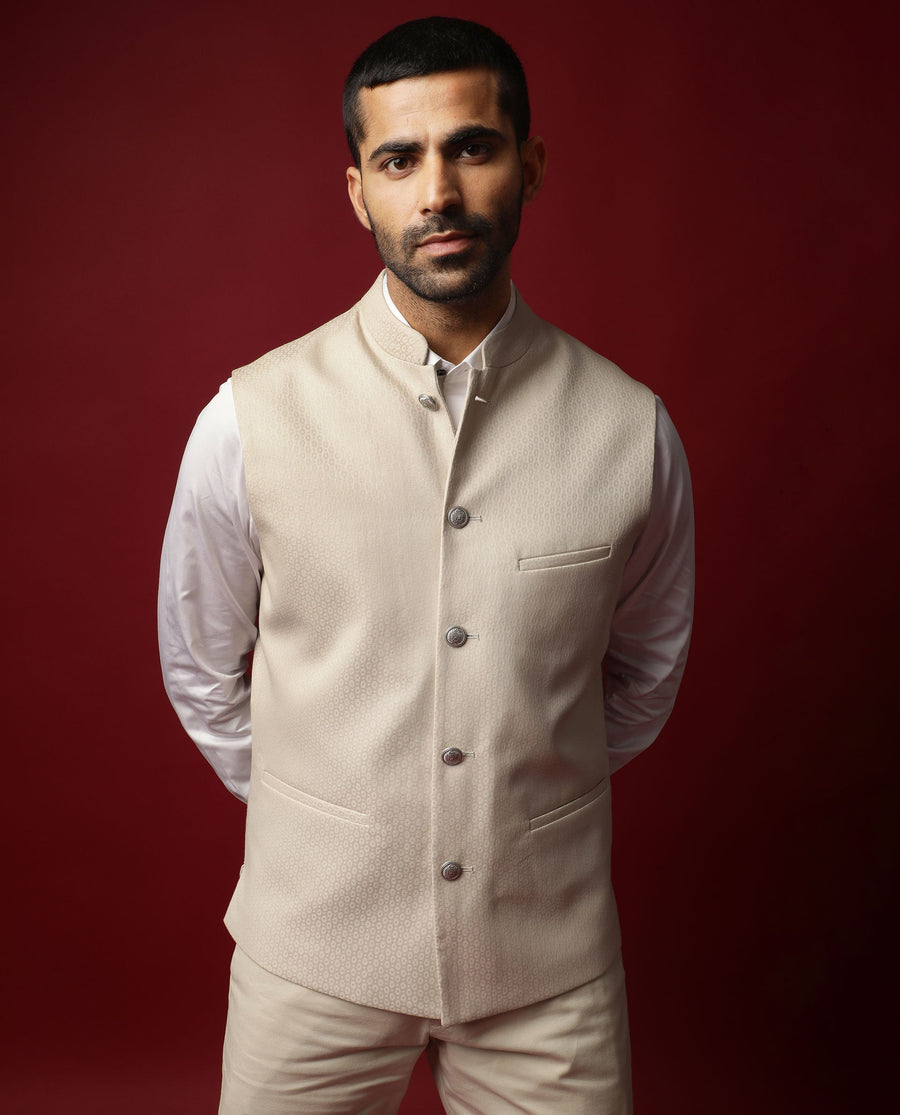 Rare Rabbit Men's Oakla Beige Polyester Jacquard Tailored Fit Sleeveless Mandarin Collar Bandhgala